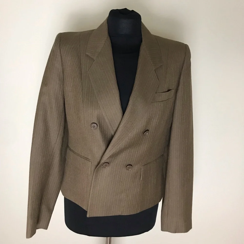 Harve Bernard Tan Tweed Double Breasted Wool Blazer